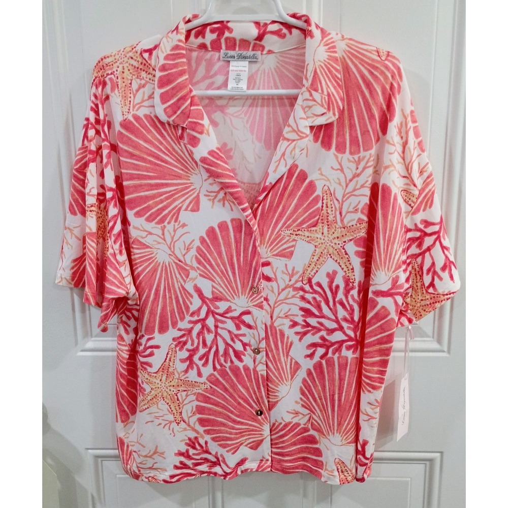 Linea Donatella XL coral Shell Print Button-Up  coastal Blouse Pink White Orange